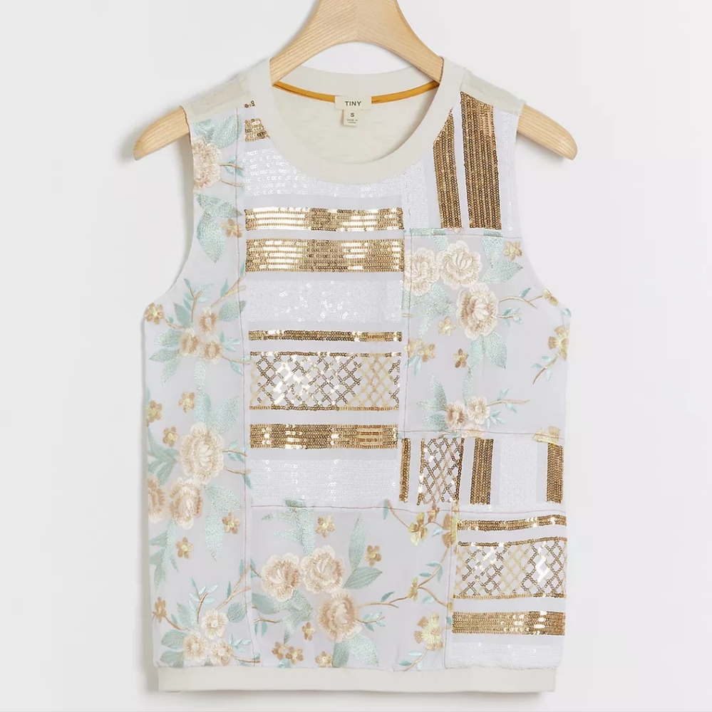 Anthropologie Tiny Jessika Sequinced Patchwork Blouse Size S Cream Sleeveless